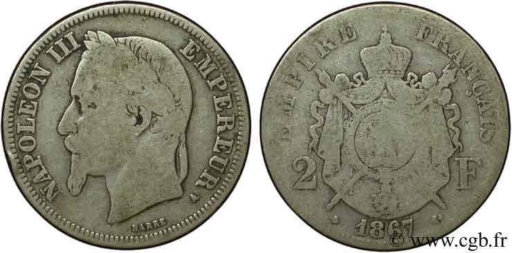 2 francs Napoléon III, tête laurée 1867 Paris F.263/5 SGE8 