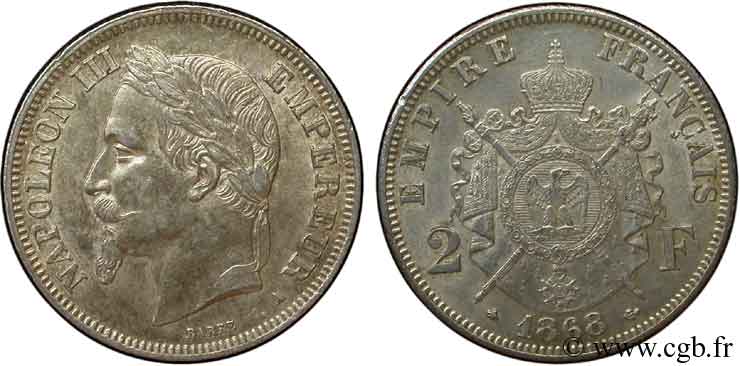 2 francs Napoléon III, tête laurée 1868 Paris F.263/8 VZ57 