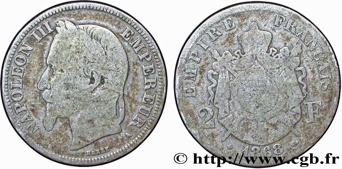 2 francs Napoléon III, tête laurée 1868 Paris F.263/8 B8 