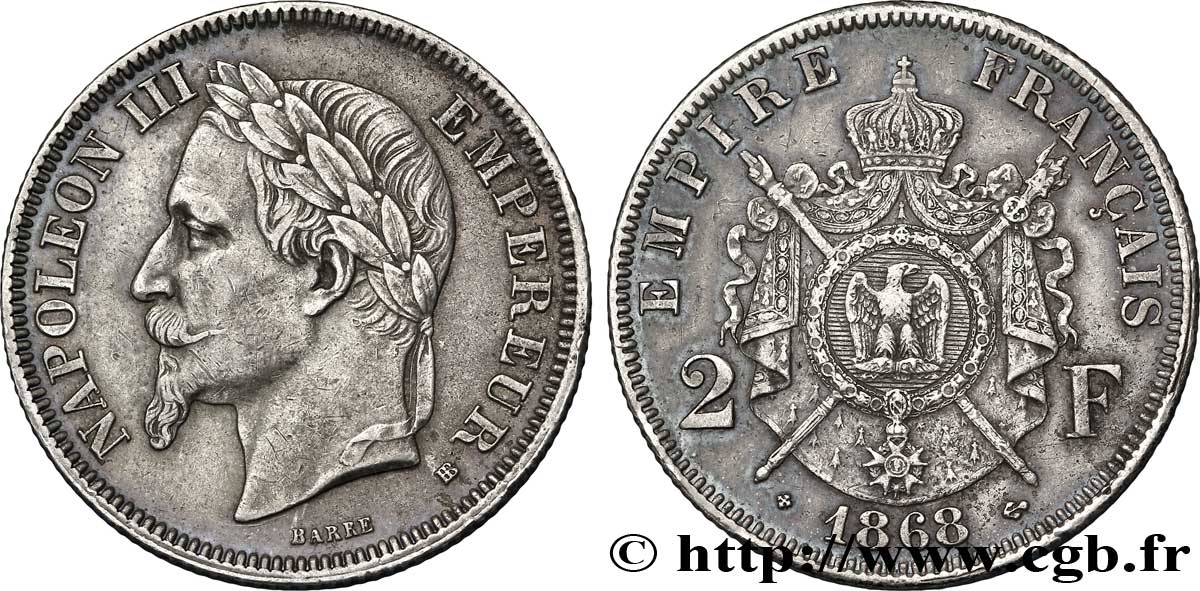 2 francs Napoléon III, tête laurée 1868 Strasbourg F.263/9 TTB50 