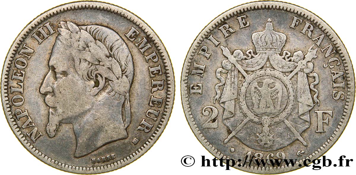 2 francs Napoléon III, tête laurée 1869 Strasbourg F.263/11 TB30 