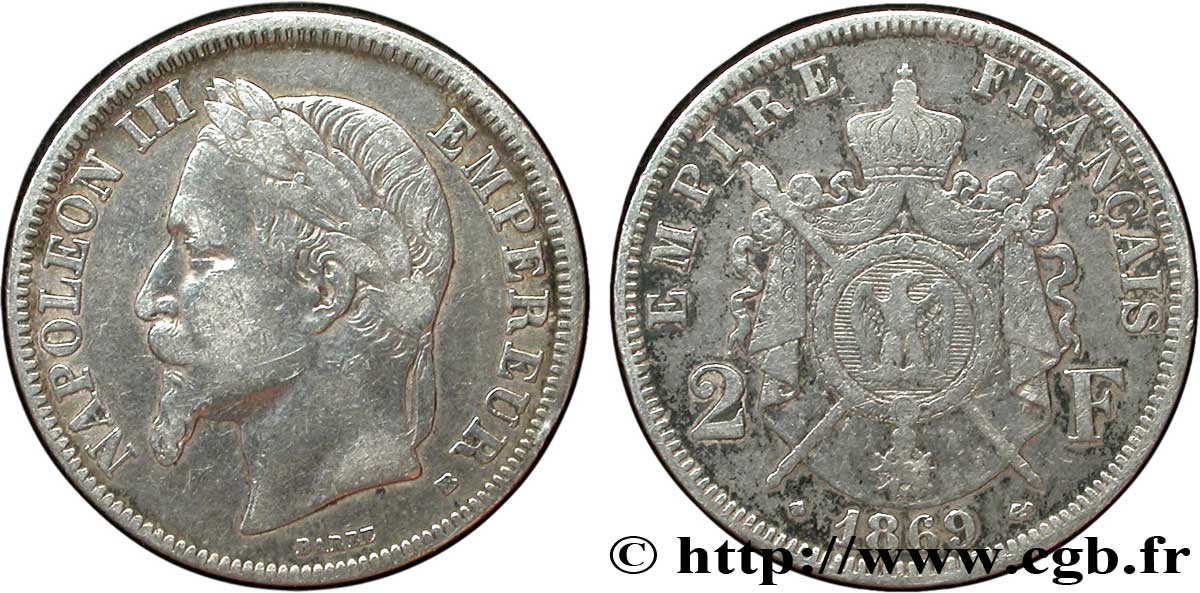 2 francs Napoléon III, tête laurée 1869 Strasbourg F.263/11 TB20 