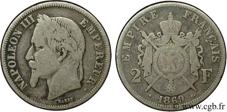 2 francs Napoléon III, tête laurée 1869 Strasbourg F.263/11 TB15 
