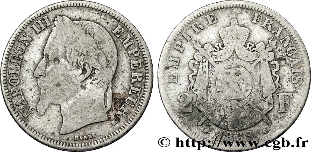 2 francs Napoléon III, tête laurée 1869 Strasbourg F.263/11 SGE12 