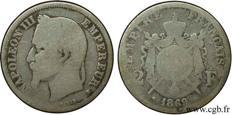 2 francs Napoléon III, tête laurée 1869 Strasbourg F.263/11 B6 