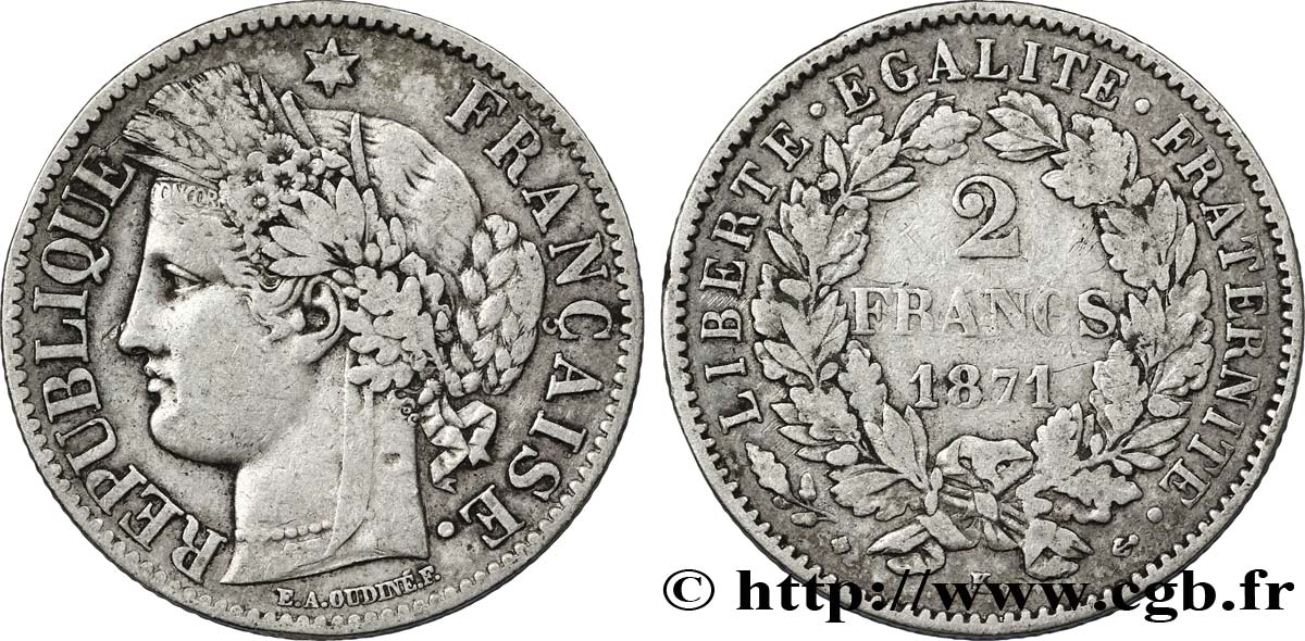 2 francs Cérès, avec légende 1871 Bordeaux F.265/7 MBC40 