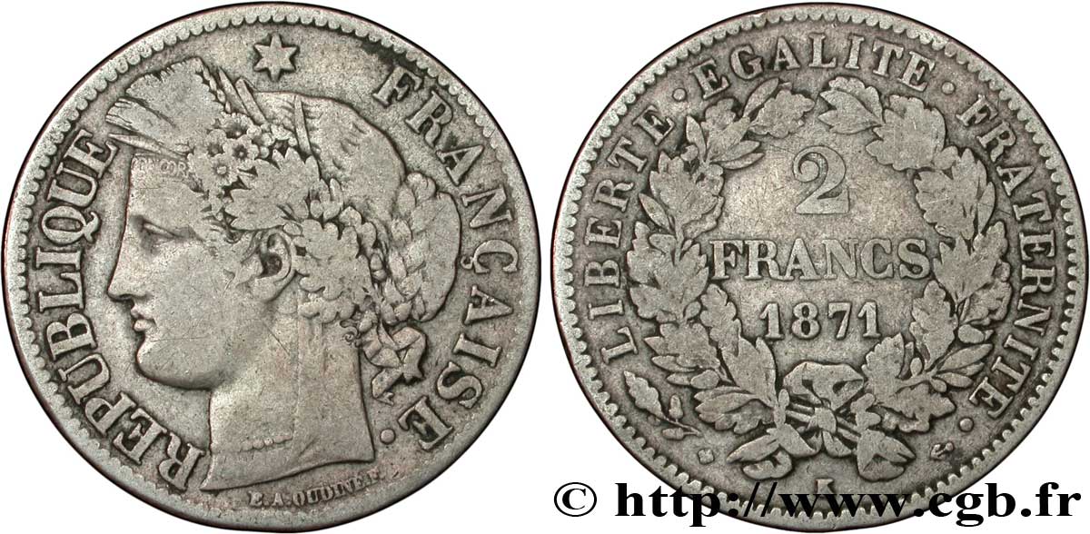 2 francs Cérès, avec légende 1871 Bordeaux F.265/7 TB15 