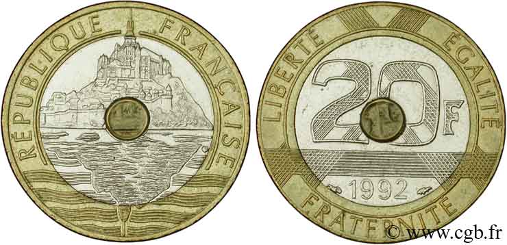 20 francs Mont Saint-Michel, 5 cannelures, \ / ouvert 1992 Pessac F.403/3 AU55 