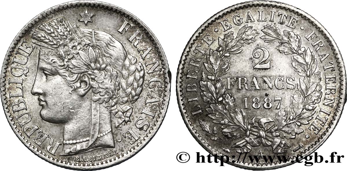 2 francs Cérès, avec légende 1887 Paris F.265/13 AU55 
