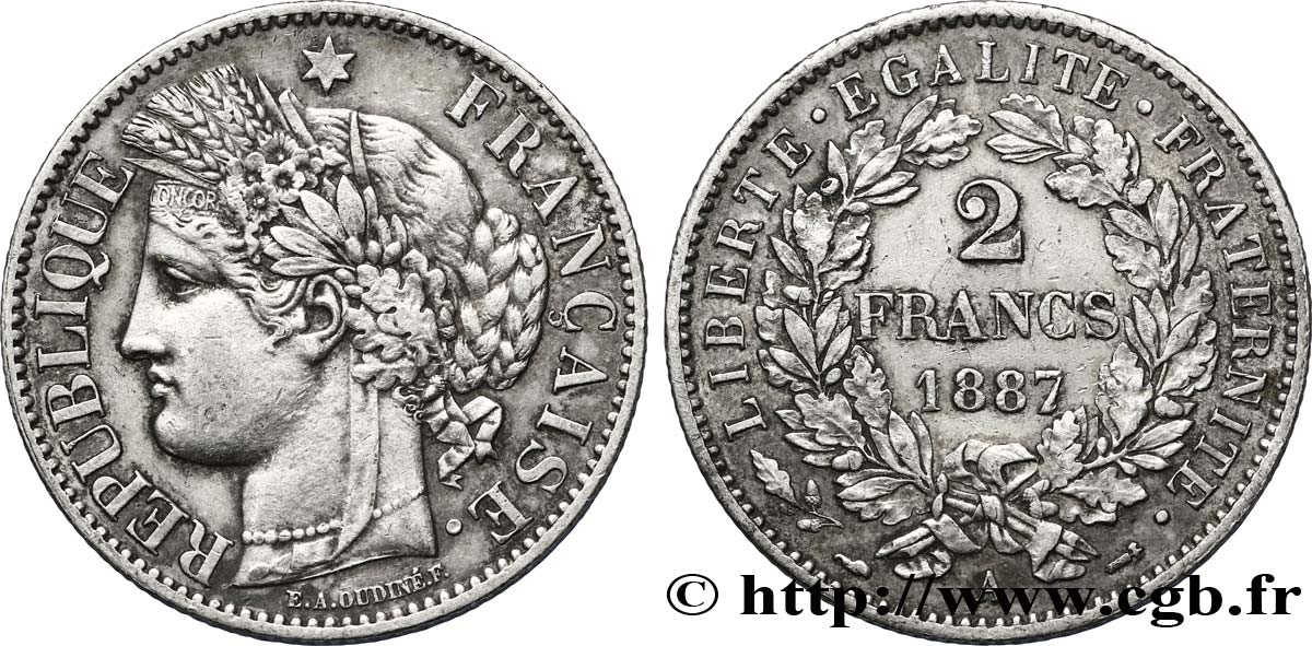 2 francs Cérès, avec légende 1887 Paris F.265/13 SS50 