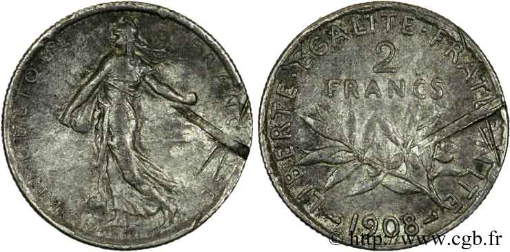 Faux de 2 francs Semeuse 1908  F.266/10 var. BB40 