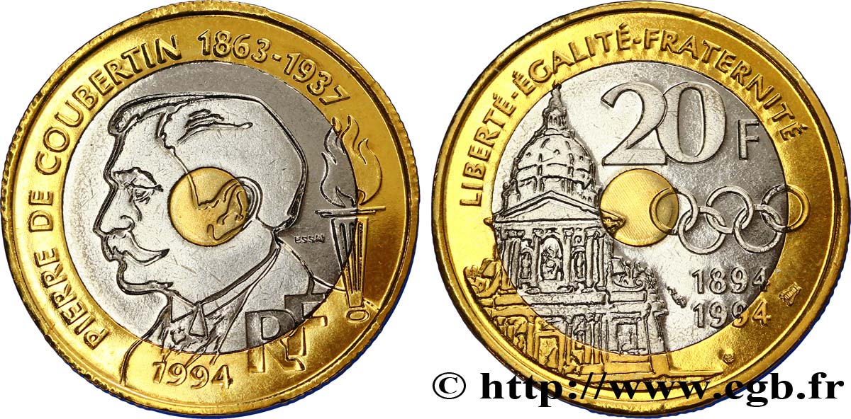 Essai de 20 francs Pierre de Coubertin 1994 Pessac F.405/1 MS64 