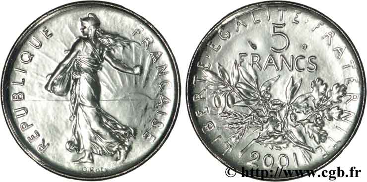 5 francs Semeuse, nickel, BU (Brillant Universel) 2001 Pessac F.341/37 MS70 