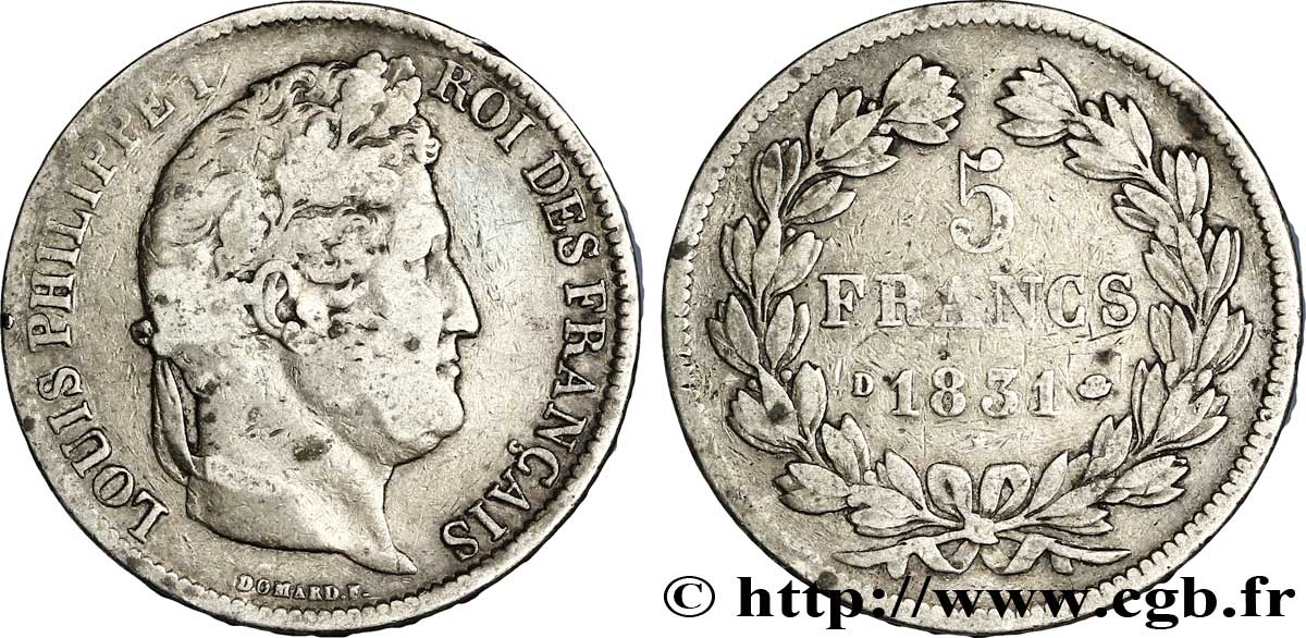 5 francs Ier type Domard, tranche en creux 1831 Lyon F.319/2 TB20 