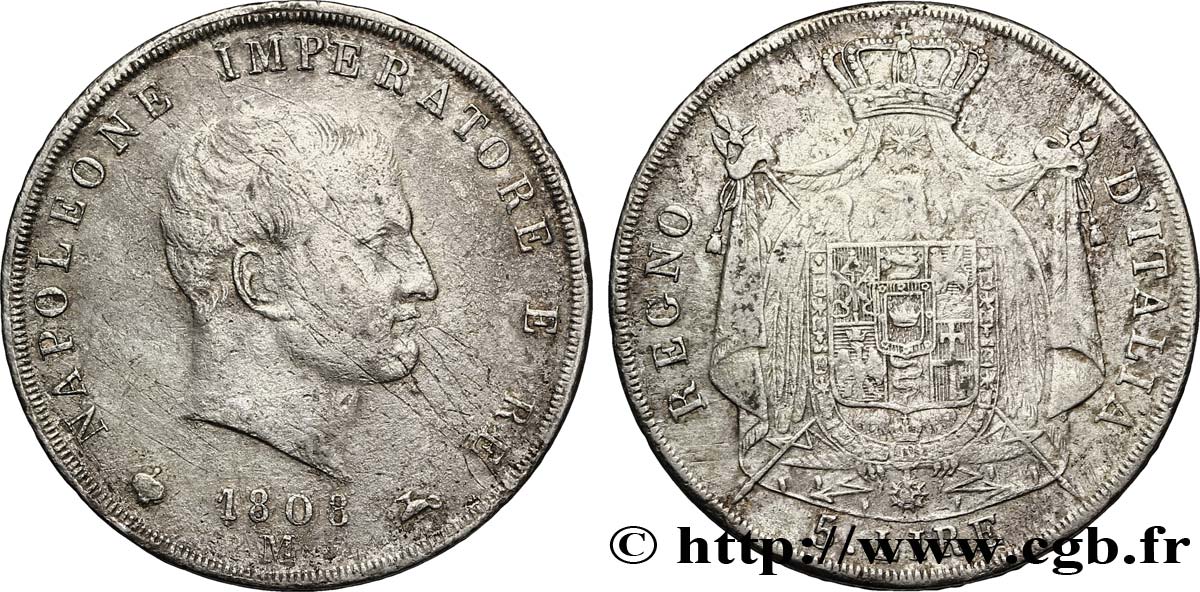 5 lire Napoléon Empereur et Roi d’Italie, 2ème type, tranche en creux 1808 Milan M.219  TB35 