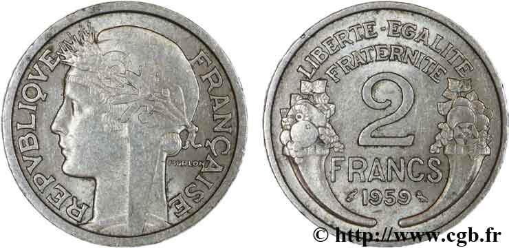 2 francs Morlon, aluminium 1959  F.269/19 AU52 