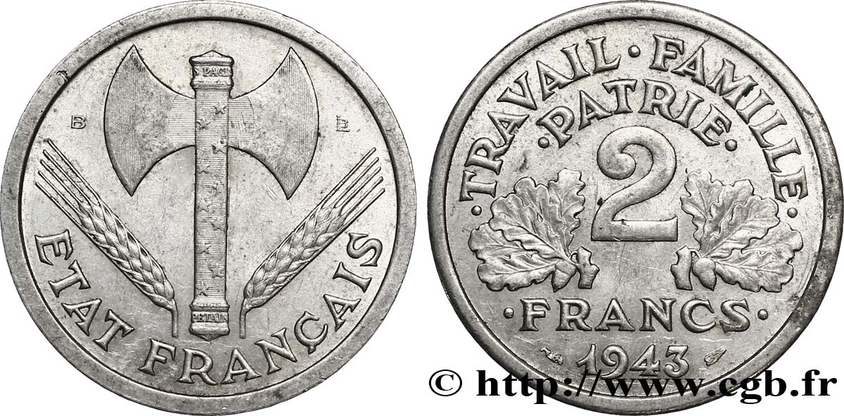 2 francs Francisque 1943 Beaumont-Le-Roger F.270/3 AU52 