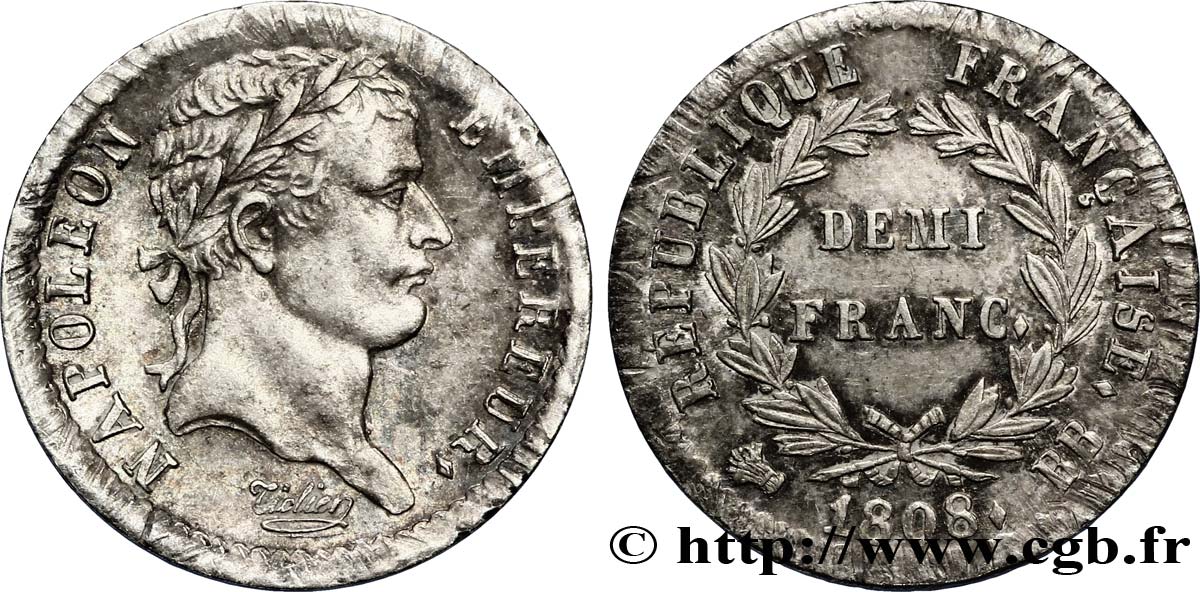 Demi-franc Napoléon Ier tête laurée, République française 1808 Strasbourg F.177/4 SUP57 