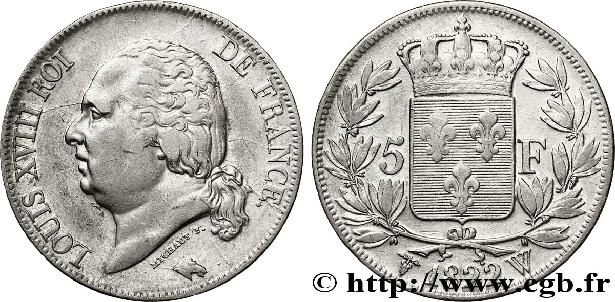 5 francs Louis XVIII, tête nue 1822 Lille F.309/75 TTB48 