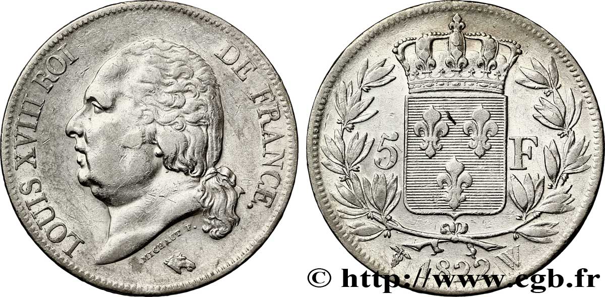5 francs Louis XVIII, tête nue 1822 Lille F.309/75 TTB48 