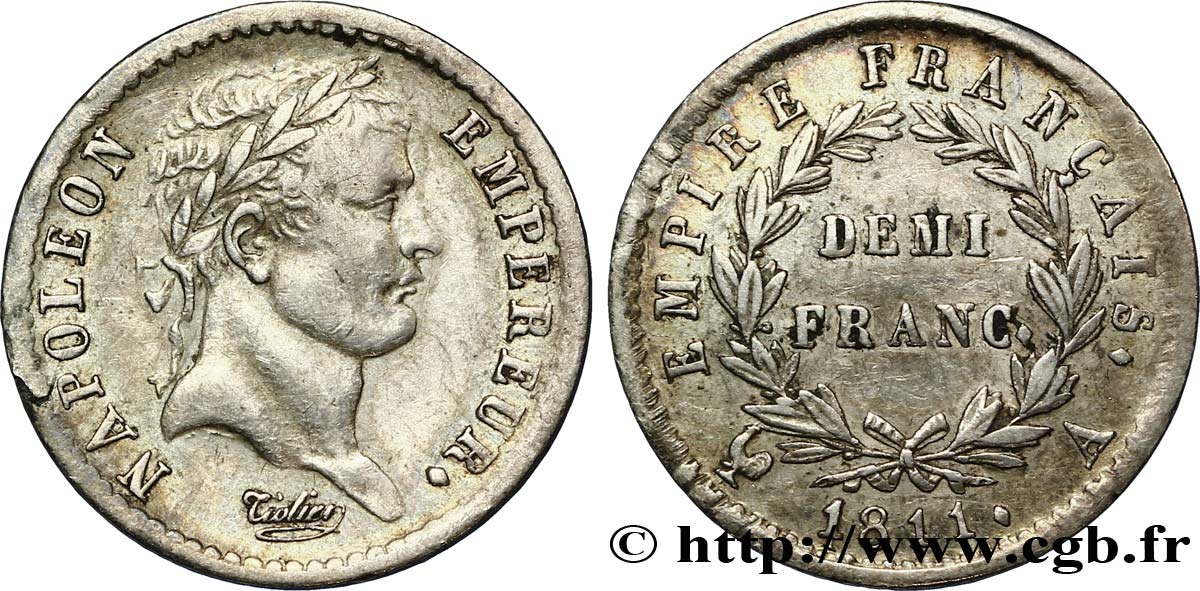 Demi-franc Napoléon Ier tête laurée, Empire français 1811 Paris F.178/21 SS50 