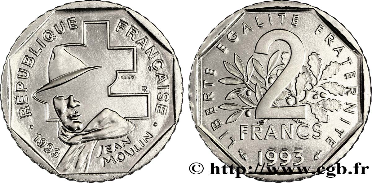 Essai de 2 francs Jean Moulin 1993 Pessac F.273/1 MS67 