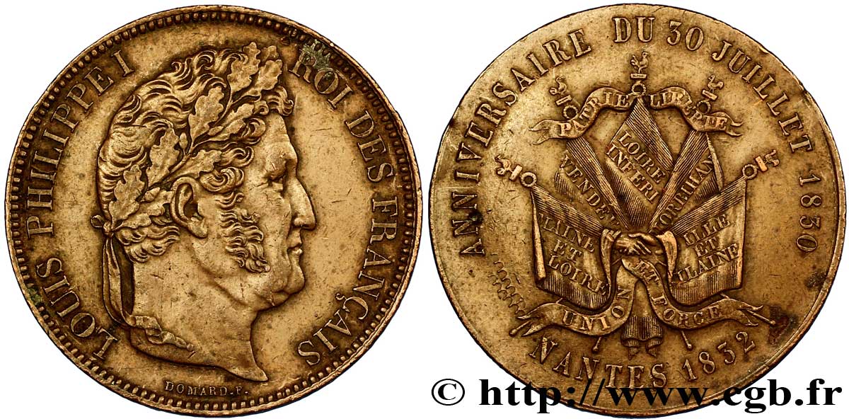 Module de 5 francs en cuivre commémorant l’anniversaire du 30 juillet 1830 1832 Nantes F.324/12 var. TTB45 