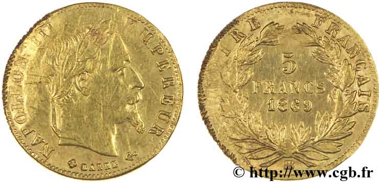 Faux de 5 francs or Napoléon III, tête laurée 1869 Strasbourg F.502/14 var. XF40 