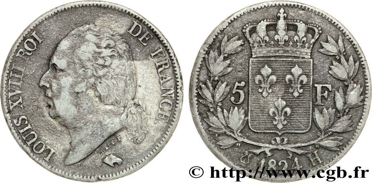 Faux de 5 francs Louis XVIII, tête nue 1824 La Rochelle F.309/91 var. TTB40 