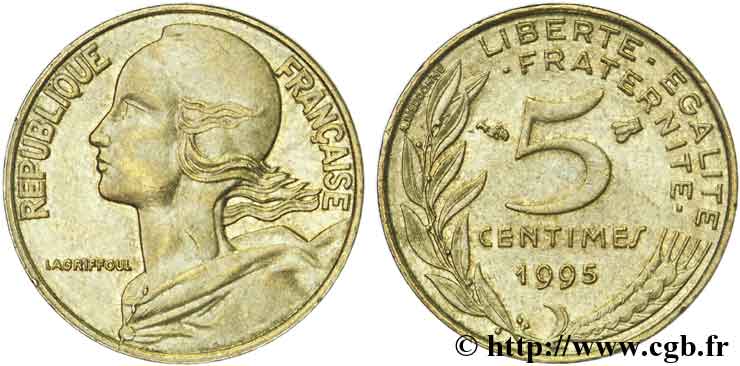 5 centimes Marianne, 3 plis, coin cassé 1995 Pessac F.125/37 var. SUP58 