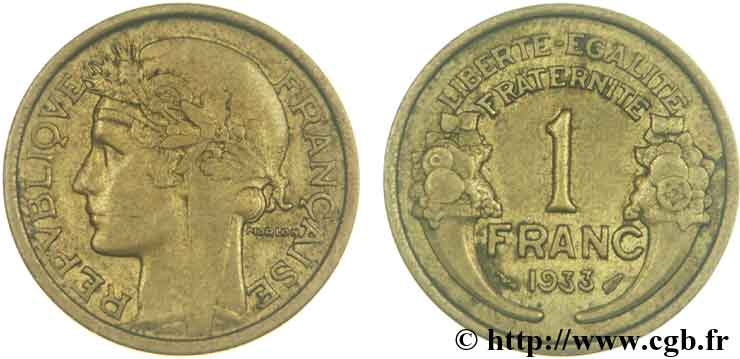 1 franc Morlon, avec le dernier 3 haut 1933 Paris F.219/4 var. BB48 