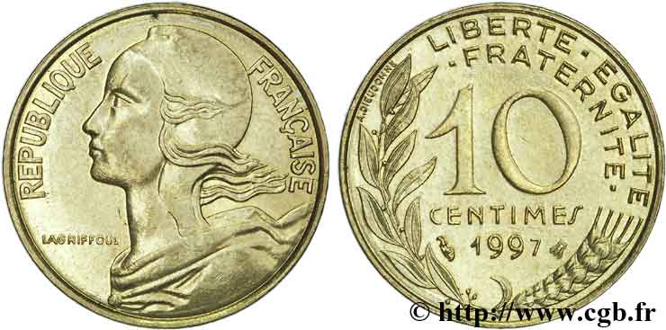 10 centimes Marianne, abeille éloignée 1997 Pessac F.144/41 var. SUP60 