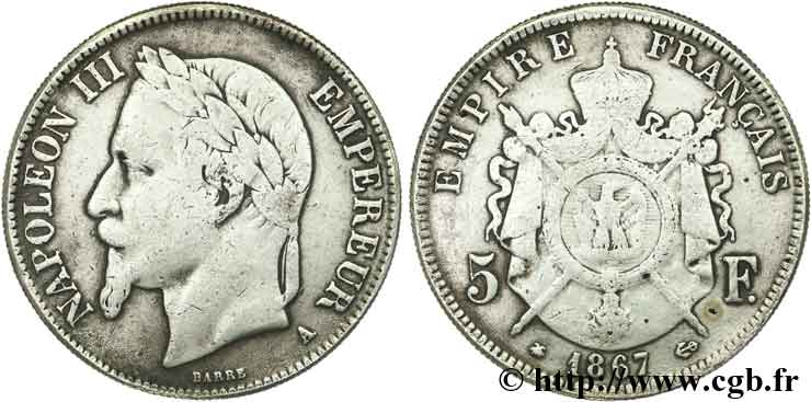 Faux de 5 francs Napoléon III, tête laurée 1867 Paris F.331/10 var. TB30 