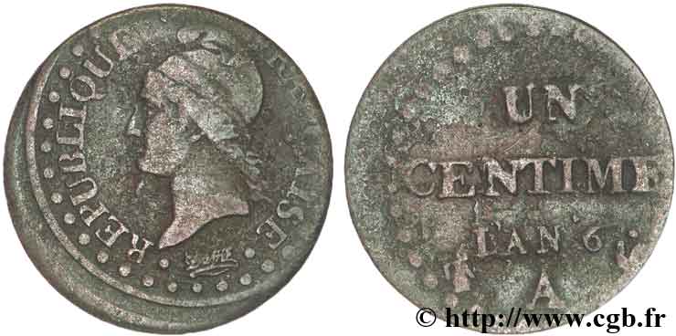 Un centime Dupré, 6 normal, axe et frappe décalés 1798 Paris F.100/3 BC18 