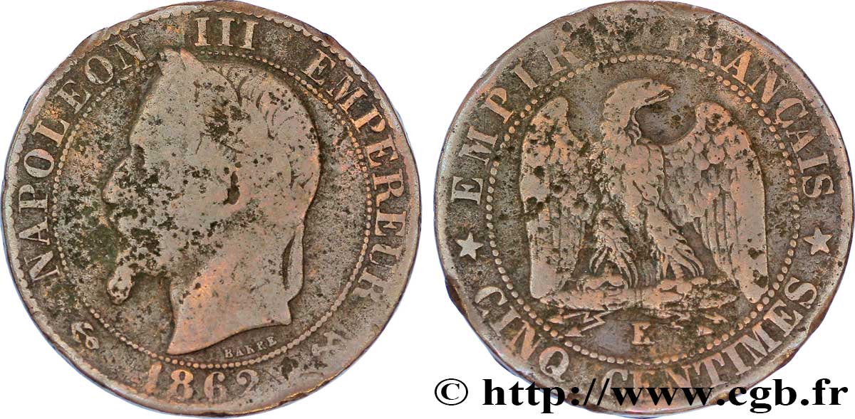 Cinq centimes Napoléon III, tête laurée 1862 Bordeaux F.117/9 F12 