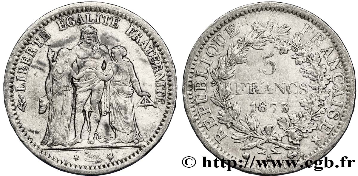 Faux de 5 francs Hercule 1873 Paris F.334/9 var. TTB48 