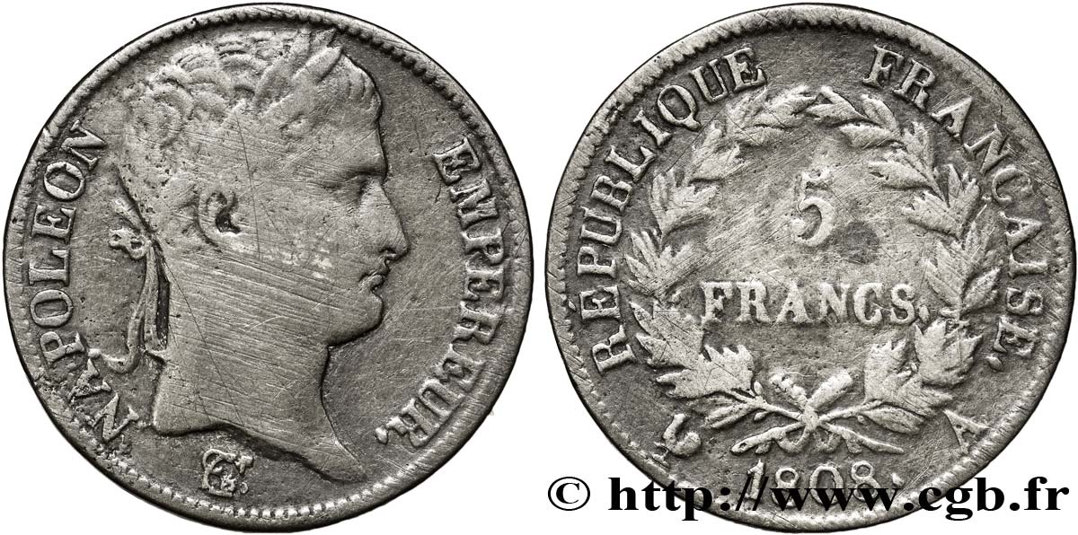 Faux de 5 francs Napoléon Empereur, République française 1808 Paris F.306/2 var. TB20 