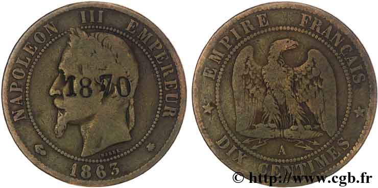 Dix centimes Napoléon III, tête laurée, contremarqué 1870 1863 Paris F.134/10 var. B12 