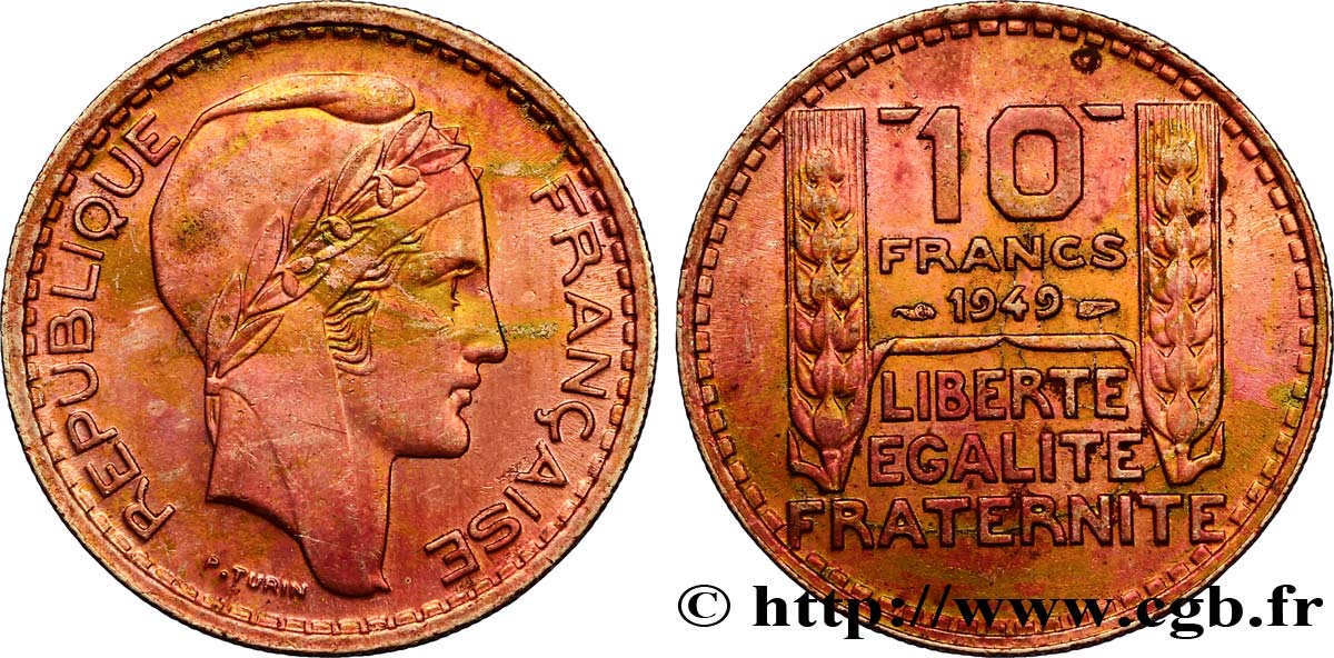 10 francs Turin, petite tête, fuschia 1949  F.362/6 var. BB50 