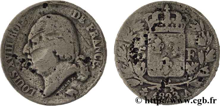 Faux de 5 francs Louis XVIII, tête nue 1823 Paris F.309/76 var. TTB45 