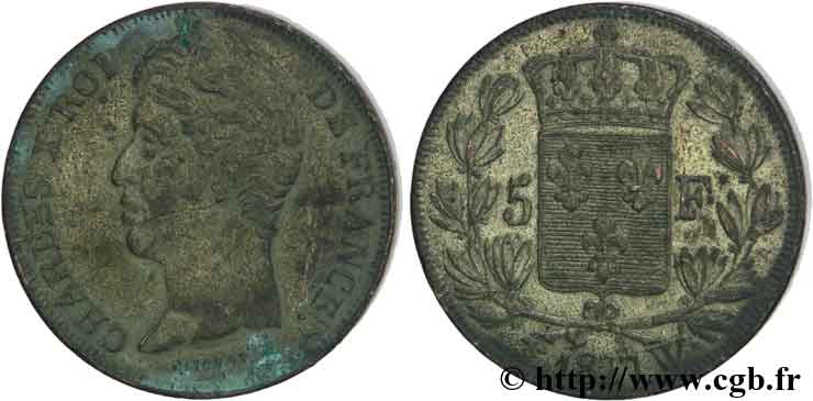 Faux de 5 francs Charles X, 2e type 1827 Lille F.311/13 var. MBC45 