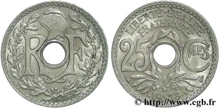 25 centimes Lindauer, maillechort 1938  F.172/2 SUP60 