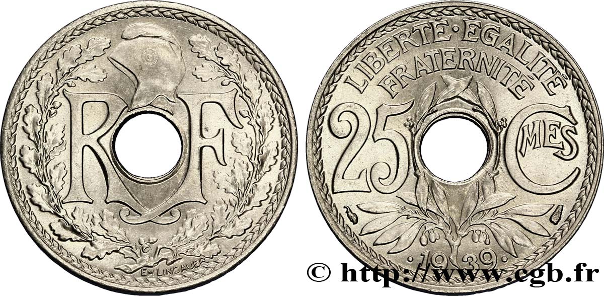 25 centimes Lindauer, maillechort 1939  F.172/3 SPL63 
