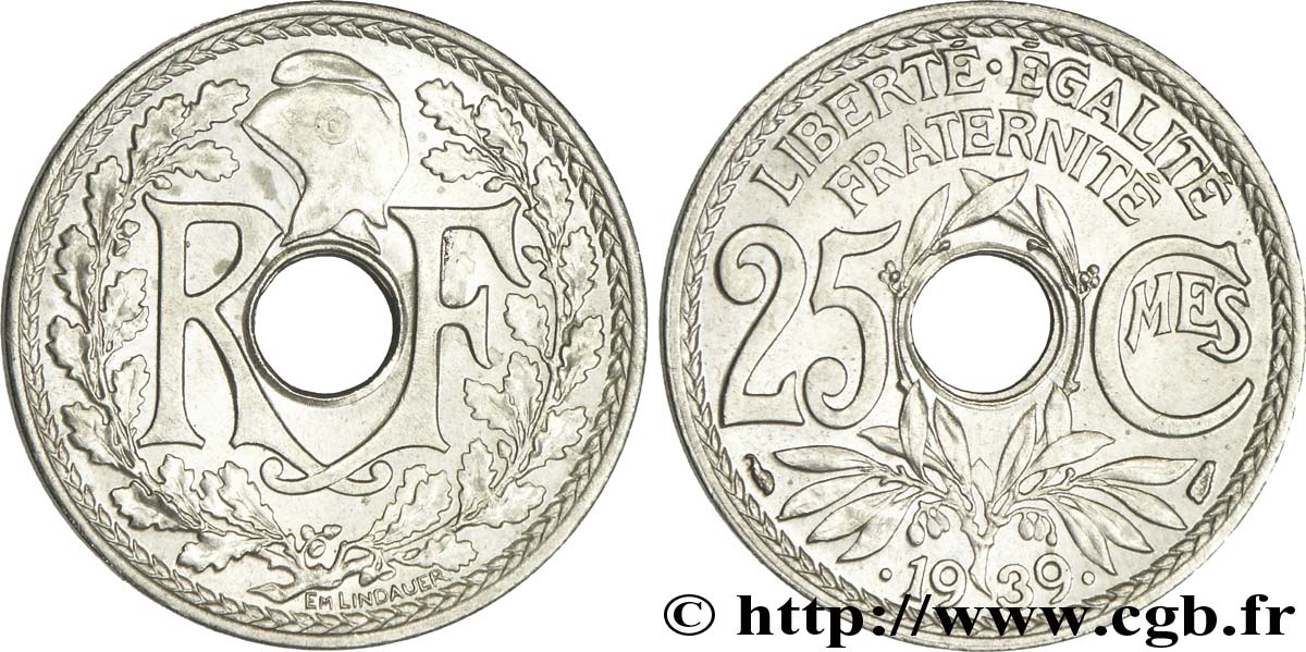 25 centimes Lindauer, maillechort 1939  F.172/3 SUP60 