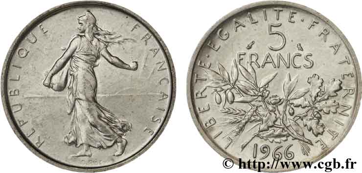 5 francs Semeuse, argent 1966 Paris F.340/10 MS62 