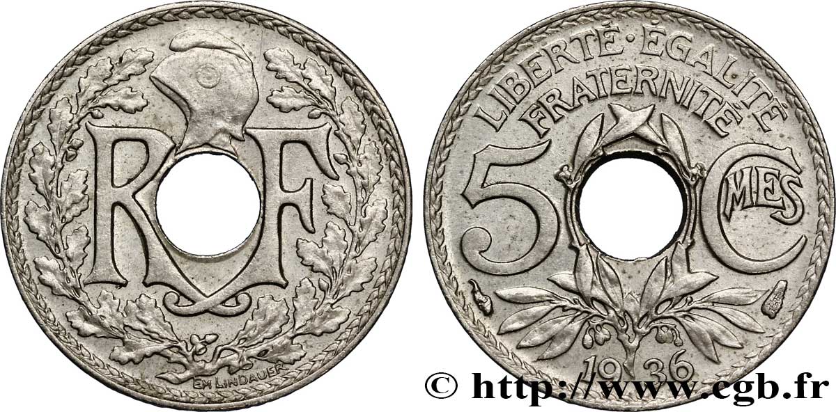 5 centimes Lindauer, petit module 1936 Paris F.122/19 SPL62 