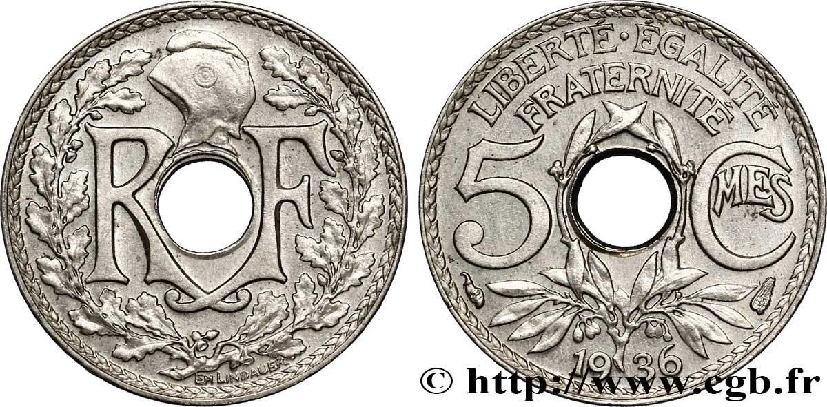 5 centimes Lindauer, petit module 1936 Paris F.122/19 fST63 