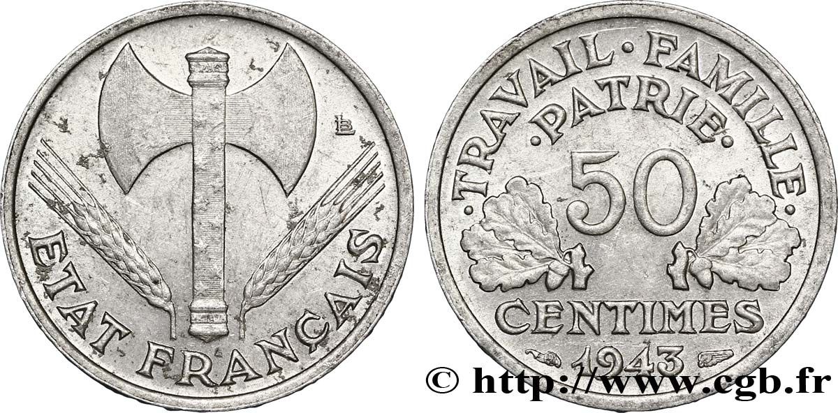 50 centimes Francisque, légère 1943  F.196/2 SUP62 