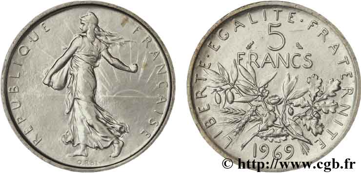 5 francs Semeuse, argent 1969 Paris F.340/13 MS62 