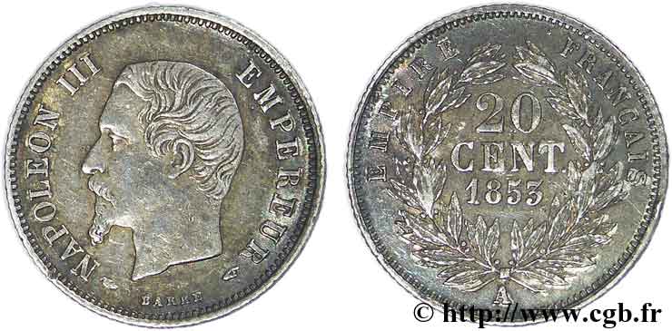 20 centimes Napoléon III, tête nue 1853 Paris F.148/1 TTB50 